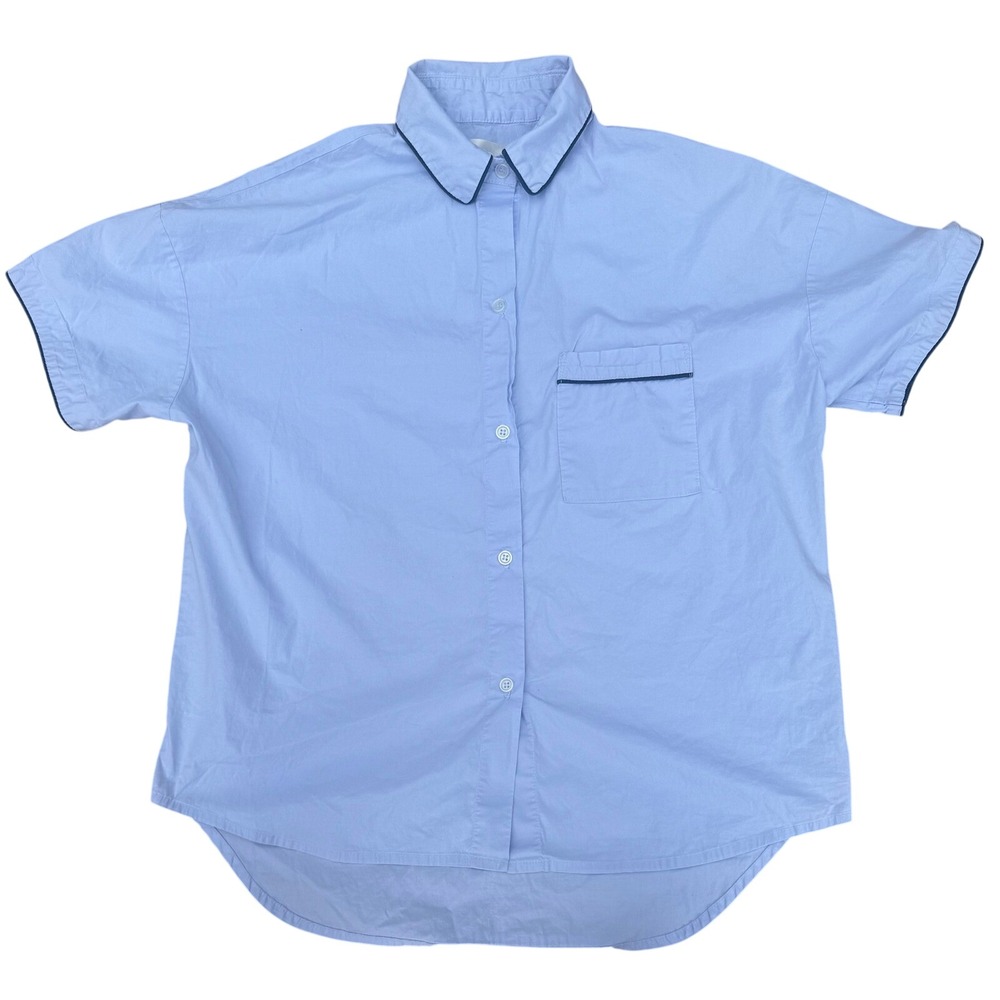 Maison Du Soir Womens Blue Cotton Short Sleeve Pajama Style Button Down Shirt M